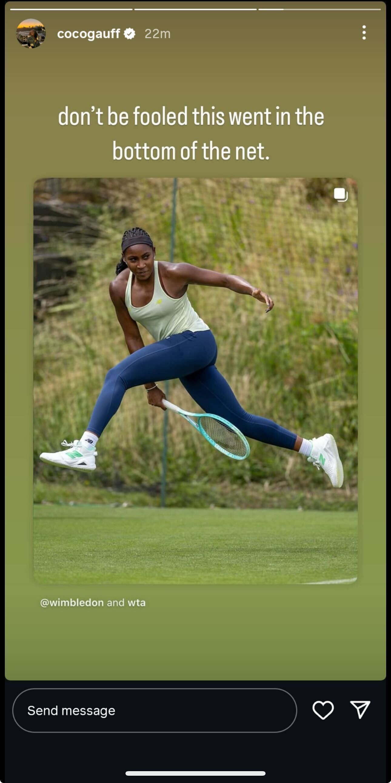 Coco Gauff's Instagram Story dated Monday, June 23, 2025, featuring the American hitting a tweener during Wimbledon practice (Source: Instagram/cocogauff)